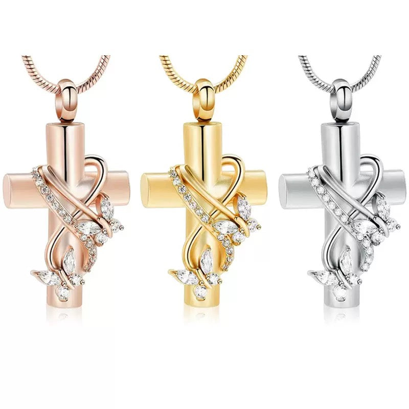 Latest Cross-shaped Memorial Urn Jewelry Zircon Pendant With Butterfly Decoration
