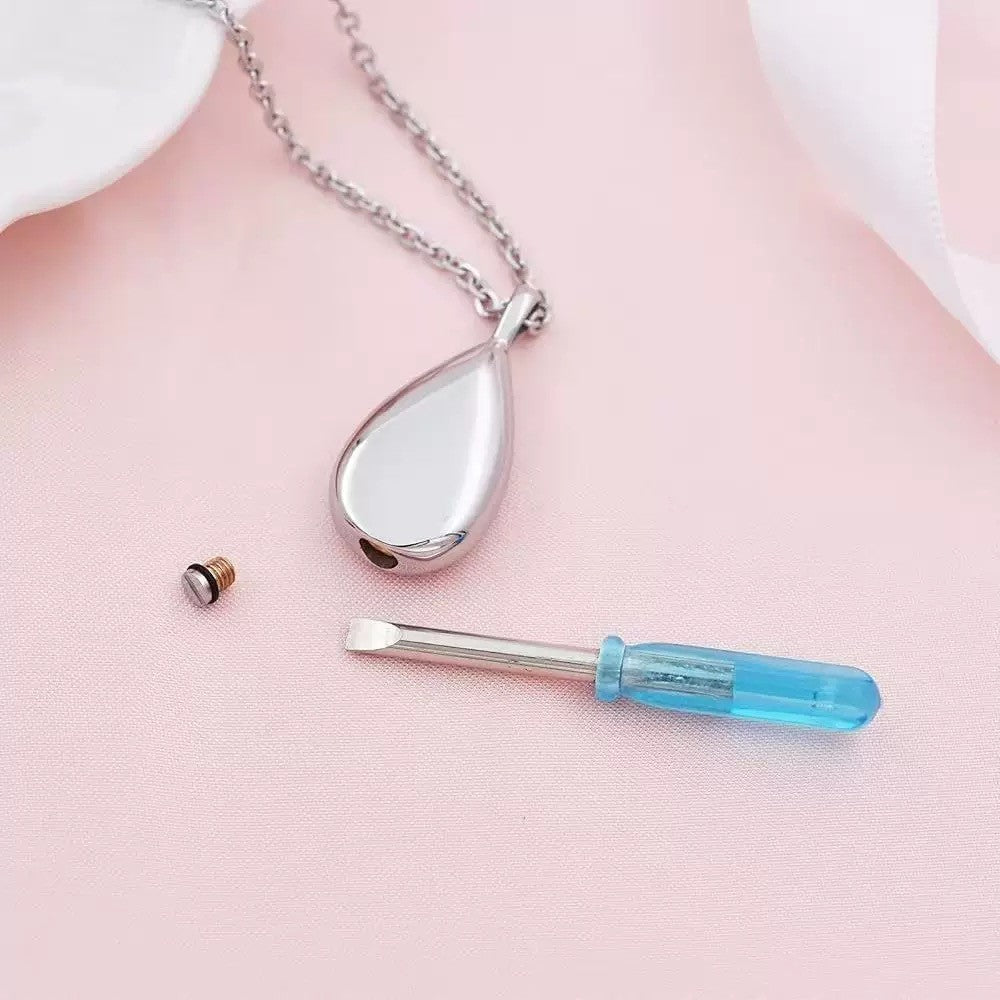 Teardrop Cremation Urn Pendant — screw closure and usage